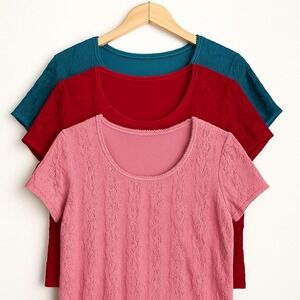 BiyAYCDA Lot of 3 Teal Red Pink Scoop‎ Neck Stretch Feminine Blouse Lace Tops